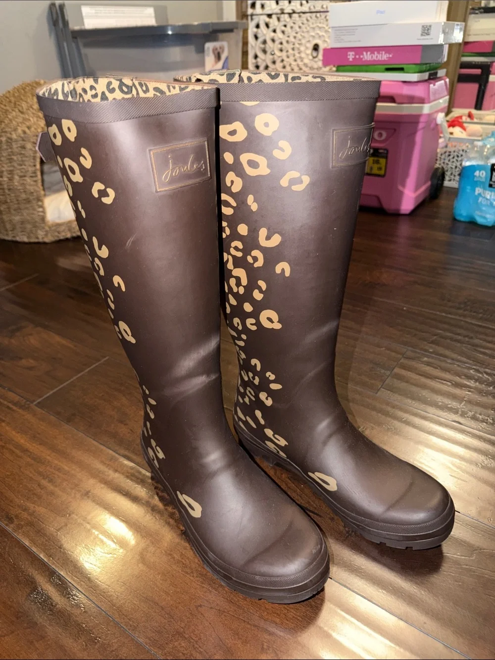 Joules Brown Rain Boots with Leopard Accent